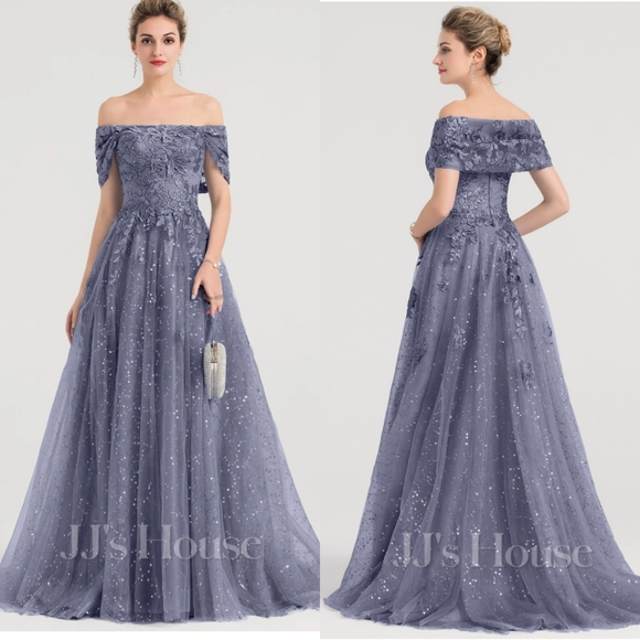 JJs House Princess Off Shoulder Sweep Train Tulle Sequin Lace Gown Dress Stormy - Picture 2 of 4